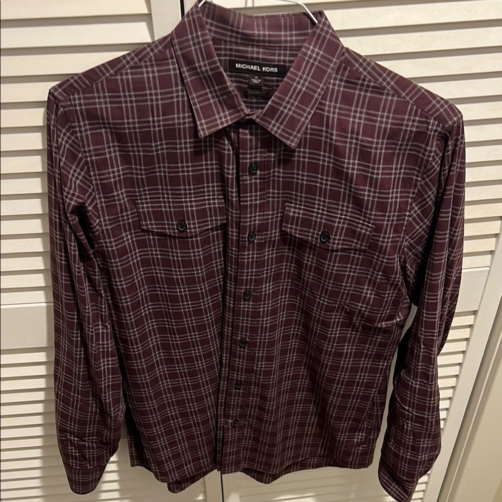 Michael Kors Maroon and Grey Striped Casual Button Down Shirt
